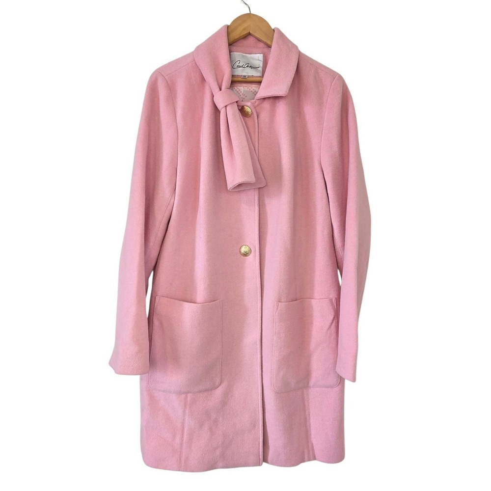 Carol Anderson by Invitation Pink Wool Blend Coat Womens 14 Tie Neck Mod Cabi